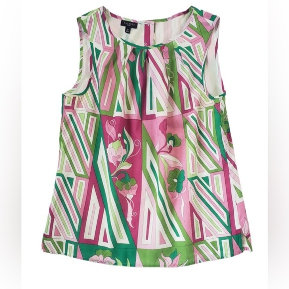 Talbots Pink Green Button Back Sleeveless Blouse Size 14 Lightweight Spring - Picture 9 of 11